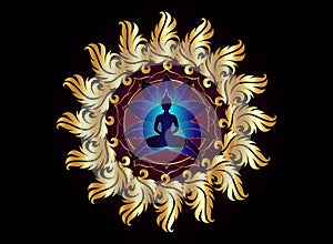 Buddha silhouette in lotus position over gold ornate mandala lotus flower. Vector illustration isolated on black background