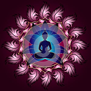 Buddha silhouette in lotus position over pink gold ornate mandala lotus flower. Vector illustration isolated. Buddhism esoteric