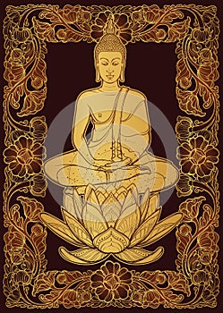 Buddha sitting on a Lotus flower and meditating in the single lotus position. Decorative rectangular Thai style frame