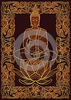 Buddha sitting on a Lotus flower and meditating in the single lotus position. Decorative rectangular Thai style frame