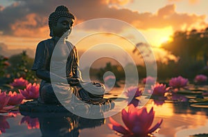 buddha sitting statue on lake with flowers with sunset view