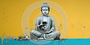 Buddha with a smartphone - a blend of ancient serenity and modern connectivity, reminding us to find balance in the