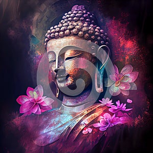 Buddha statua with flowers photo