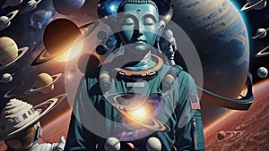 Buddha statue on background of futuristic cosmic animation. AI generated video