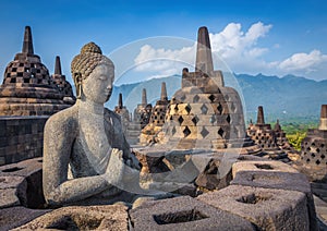 Buddha statue in Borobudur Temple, Java island, Indonesia.