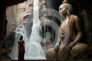 Buddha statue in a cave next to a woman and a waterfall