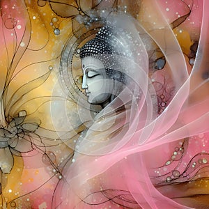 Buddha statue covered with gauze, spider webs, glitter, pink and yellow background.