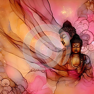 Buddha statue covered with gauze, spider webs, glitter, pink and yellow background.