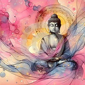 Buddha statue covered with gauze, spider webs, glitter, pink and yellow background.