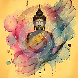 Buddha statue covered with gauze, spider webs, glitter, pink and yellow background.