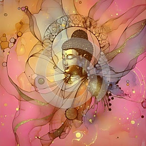 Buddha statue covered with gauze, spider webs, glitter, pink and yellow background.