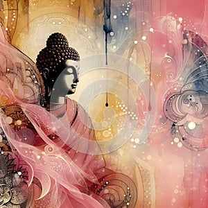 Buddha statue covered with gauze, spider webs, glitter, pink and yellow background.