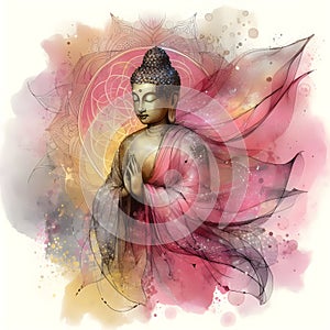 Buddha statue covered with gauze, spider webs, glitter, pink and yellow background.