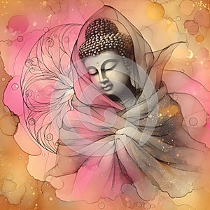 Buddha statue covered with gauze, spider webs, glitter, pink and yellow background.