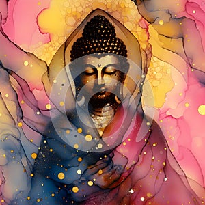 Buddha statue covered with gauze, spider webs, glitter, pink and yellow background.