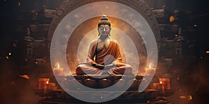 A Buddha statue exudes tranquility in a mystical ambiance, inviting contemplation and peace. Generative AI