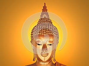 The Buddha statue face on the gold bright background