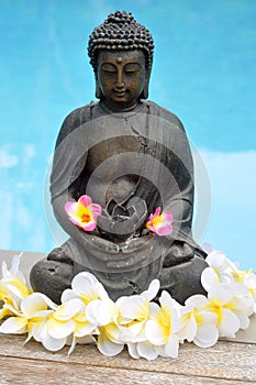 Buddha Statue with Flowers By Pool