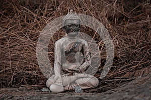 Buddha statue in front of temple in the grass