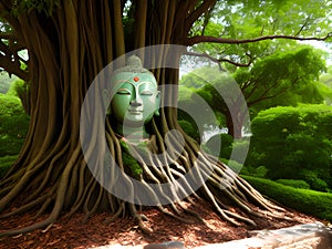 buddha statue in the jungle , head buddha in bark of banyan tree, Ai Generated