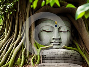 buddha statue in the jungle , head buddha in bark of banyan tree, Ai Generated