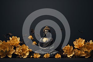 Buddha statue with lotus flowers on dark background. Buddha\'s Birthday, Buddha Purnima