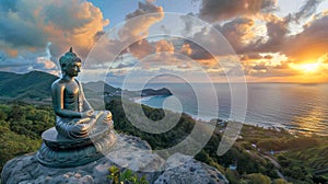 Buddha statue in lotus position in a natural setting. Buddhist sculpture in serene landscape. Concept of Buddhism, Zen