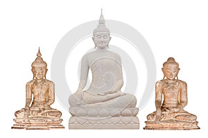 Buddha statue made of sandstone and wood isolated on white background