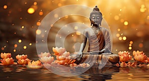 Buddha statue mediating with Lotuses and reflection. Generative Ai