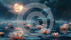 A Buddha statue in meditation beneath the full moon and surrounded by lotus. Generative Ai