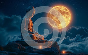 A Buddha statue in meditation beneath the full moon and surrounded by lotus. Generative Ai