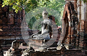 The Buddha statue in meditation posture with the sunlight emitting from the sky to illustrate a look of wise, calm, discreetly and