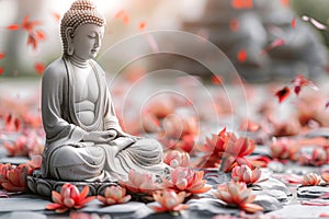 Buddha statue in meditation surrounded by lotus flowers, a symbol of peace and spirituality. Vesak Day greeting card.