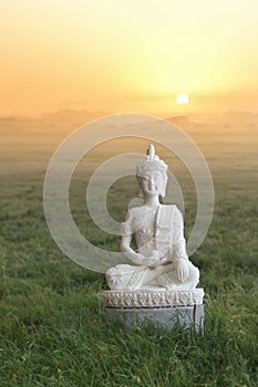 Buddha statue in a natural setting with a beautiful sunrise