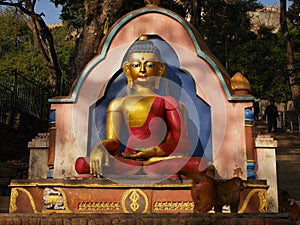 Buddha statue nepalese style at Swayambhunath pagoda or Swayambu chedi or Swoyambhu stupa or Monkey Temple for nepali people and