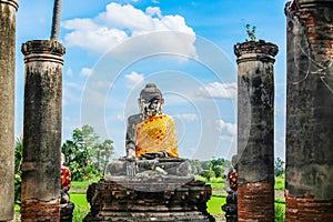 Buddha statue in old temple in Inwa Ava near Mandalay in Myanmar Burma. Southeast Asia travel concepts