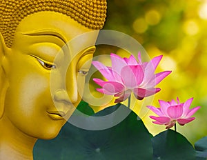 Buddha statue with pink blooming lotus in garden