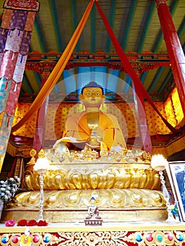 Buddha statue in the prayer hall at Hemis Monastery, Leh, India