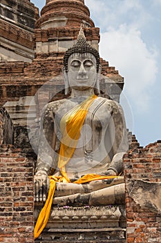 Buddha statue in public ancient temple, Ayuthay, Thailand