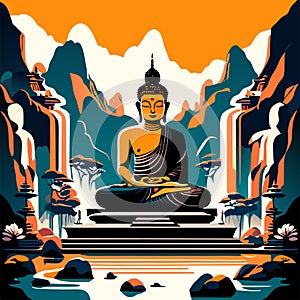 Buddha statue on the rock in the temple, vector illustration Generative AI