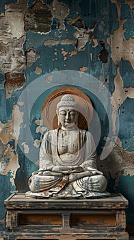 Buddha statue sitting on top of wooden table