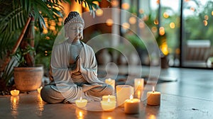 A buddha statue surrounded by candles and lit votives, AI