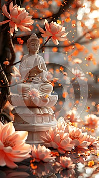 Buddha statue surrounded by lotus flowers, symbolizing serenity and spiritual contemplation. Vesak Day greeting card.