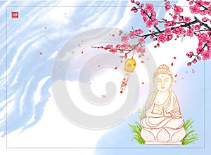 Buddha statue under the blooming sakura tree on blue sky background. Translation of hieroglyph - zen