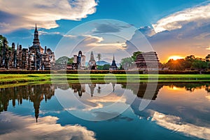 Buddha statue and Wat Mahathat Temple in the precinct of Sukhothai Historical Park