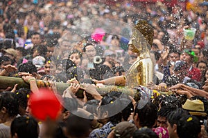 Buddha statue water ceremony in songkran festival,Luang Pho Phra Sai in thailand