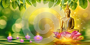 Buddha statue water lotus Buddha standing on lotus flower on orange background