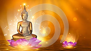 Buddha statue water lotus Buddha standing on lotus flower on orange background