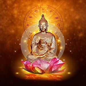 Buddha statue water lotus Buddha standing on lotus flower on orange background