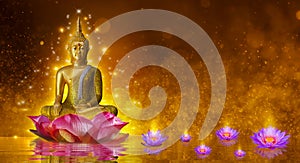 Buddha statue water lotus Buddha standing on lotus flower on orange background